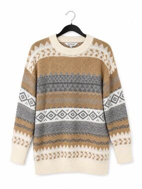 DAVI & DANI Women's Tan and Gray Patterned Crewneck Sweater